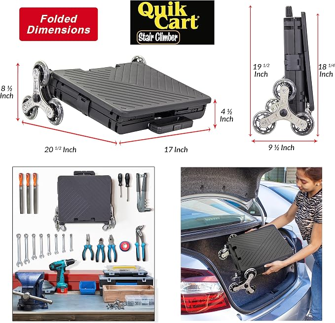 dbest Products Quik Cart Stair Climber Wheeled Rolling Crate Teacher Utility with seat Heavy Duty Collapsible Basket with Handle, 18" D x 17" W x 39" H, Black | with Wheels, Up to 80 lbs Capacity, Heavy Duty, Telescoping Handle, Folding Utility Cart wi...