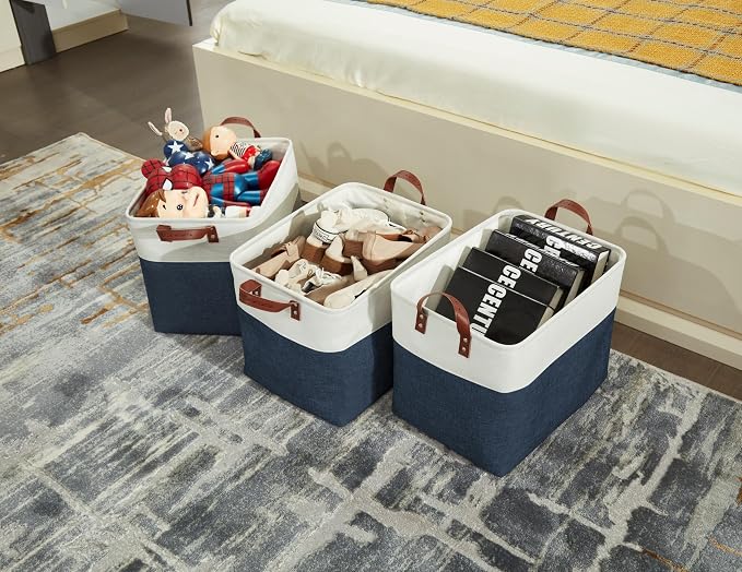 DECOMOMO Fabric Storage Bins, Extra Large Storage Baskets with Handles | 3 Pack Storage Baskets for Shelves, Laundry, Toys, Nursery (Navy Blue & White)