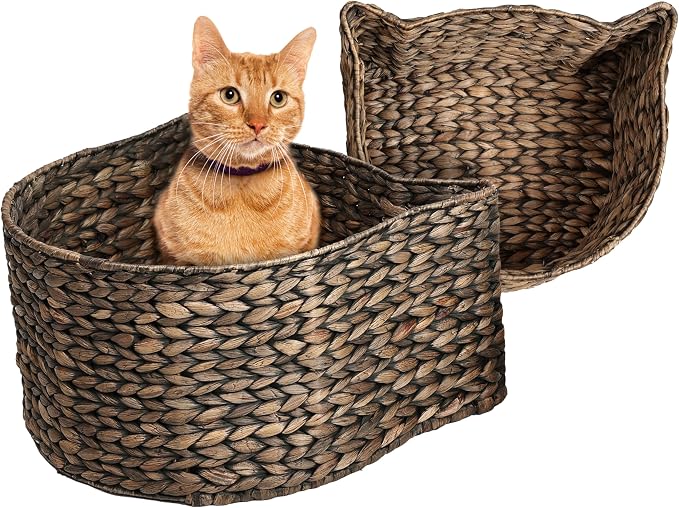 BSK4001B-2SET Feliz Cat-Shaped Hand Woven Water Hyacinth Nesting Pet Toy Organizer Baskets, Cay Storage Box for Living Room, Brown (Set of 2)