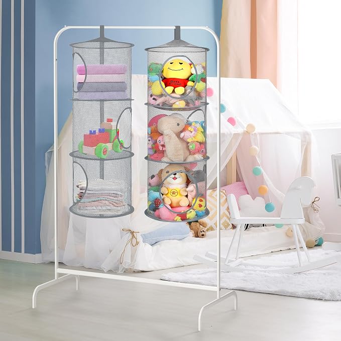 2Pcs Hanging Stuffed Animal Storage Hammock Net 3 Tiers, Grey | Hanging Mesh Storage Organizer for Kids Room, Holds Plushies, Gloves, Hats, Socks, Foldable Space-saving Design