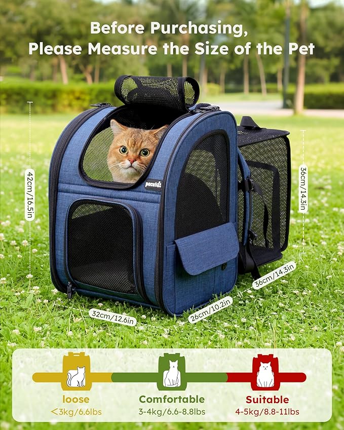 pecute Cat Carrier Backpack Expandable, Cat Backpack with Breathable Window | Durable Oxford Cloth, Lockable Zipper,Use for Pet Under 11 lbs to Travel