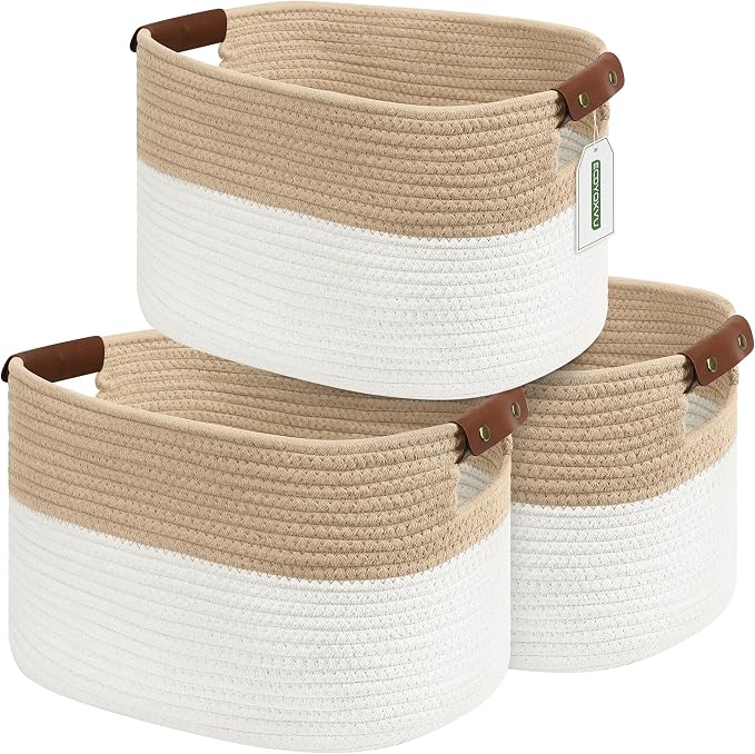 ECDYQXVU 15x10x9 Woven Cotton Rope Storage Basket, Leather Handles 3 Pack | Foldable Design, Sturdy PU Handles, Easy to Clean Organizer for Living Room, Closet, Shelves, Bedroom, Laundry, Clothes