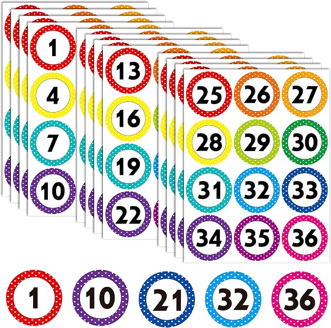 144 Large Round Number Stickers, 12 Sheets Consecutive Polka Dot Number 1-36 Label Self-Adhesive Number Stickers Erasable with PET Film for Indoor, Outdoor Office, Classroom, Storage, Boxes (3” Each)