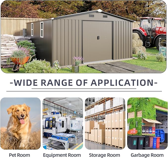 10x12 FT Outdoor Metal Storage Shed, Large Storage Shed with Two Daylight Windows, Outdoor Tool Shed with 0.23mm Color Steel Plate and Surface Protective Film, Brown