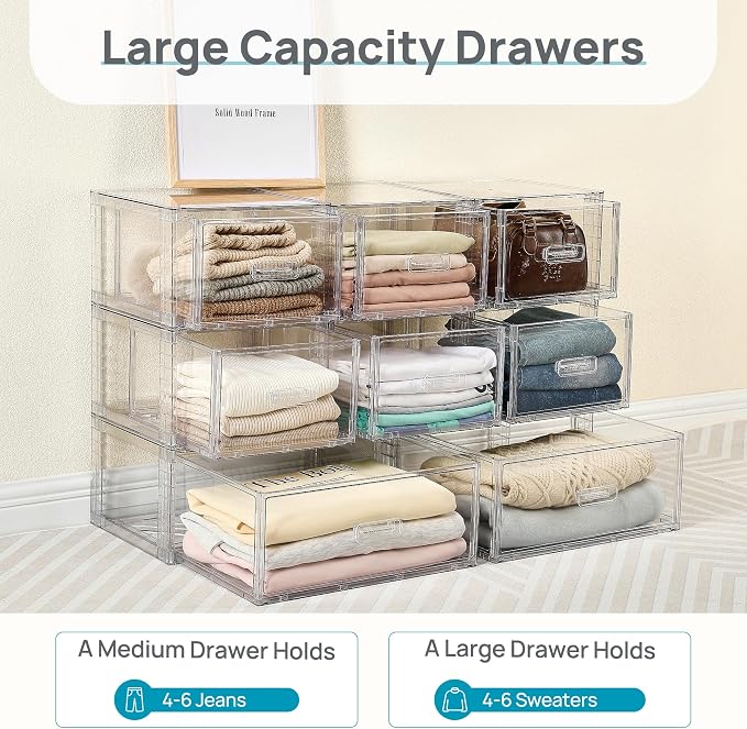 Vtopmart 2 Pack Large Clear Stackable Storage Drawers for Closet, 23QT | Easily Assemble Plastic Closet Storage Bins, Dust-Proof UnderBed Organizer for Clothing Underwear T-shirt Organization
