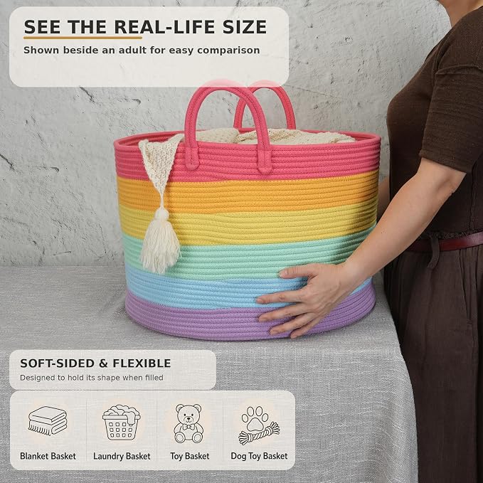 XUANGUO 66L Large Blanket Basket, Round Cotton Rope Basket, Rainbow | 20" x 13" Laundry Basket with Sturdy Handles for Blankets, Pillows and Toys; Storage for Living Room, Bedroom and Nursery