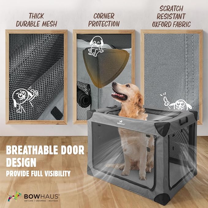 BOWHAUS 42 Inch Portable Travel Dog Kennel for Large Dogs with Durable Mesh Windows and 2 Storage Pockets, Indoor & Outdoor for Car, Soft-Sided Collapsible Dog Crate with 4 Breathable Mesh Door