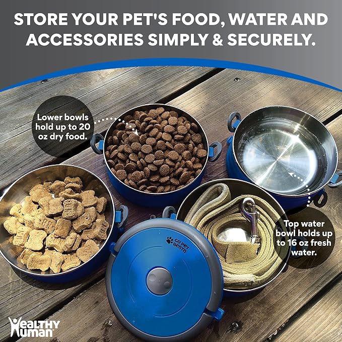 Healthy Human Travel Pet Bento Bowls - Human-Grade Stainless Steel & BPA-Free, Leak-Proof Water & Food Container Set for Dogs & Cats, 3-Pack Interlocking Bowls, Includes Spare Clips & Handle (Blue)