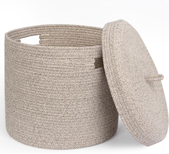 Storage Basket with Lid, Woven Blanket Storage for Living Room, Soft Cotton Rope Bin with Lid, Round Wicker Laundry Basket with Cover, Lidded Kids Dog Toy Bin, Nursery Organizer, 15" x 13"
