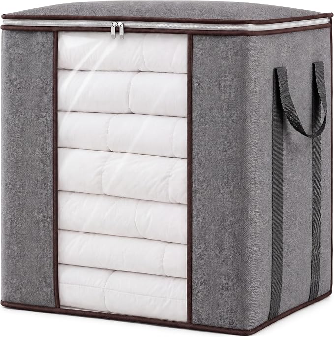 Blanket Storage Bags 120L for Comforter Clothes Bedding Sheet Grey | Breathable Fabric, Reinforced Handles, for King Comforters Bedding Pillows and Sheets, Closet and Bedroom Storage