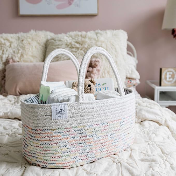 OrganiHaus Rope Diaper Caddy Organizer, Nursery Basket, Stitches Rainbow | Woven handles; a toy bin, laundry bin, or newborn essentials storage; great for car, baby shower gifts, or bedroom decor