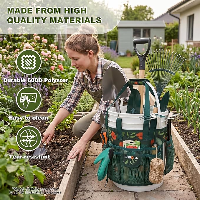 Bucket Tool Organizer - Multi-Purpose Garden Tool Caddy Fits 3.5 to 5 Gallon Buckets - Heavy Duty 600D Tool Bag Pouch with Mesh Pockets for Car Wash, Fishing, Construction (Green Flower)