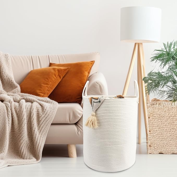 Woven Cotton Rope Laundry Basket, 15" x 20" Laundry Hamper, White | Rope storage basket for dirty clothes, toys and blankets. Perfect for bathroom, baby nursery and living room storage.
