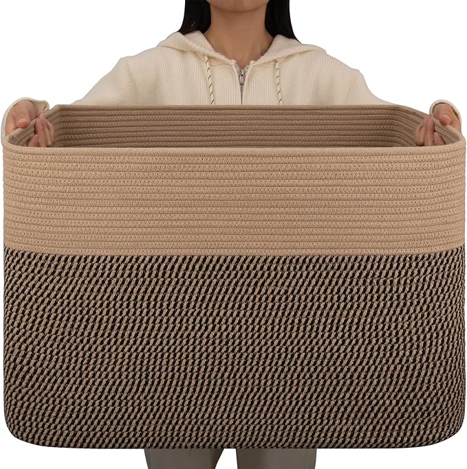 OIAHOMY 108L Extra Large Blanket Basket Dog Toy Basket Yellow | Rectangle Woven Baskets for Storage Cotton Rope Basket For Living Room Toy Storage Blanket Storage Laundry Basket