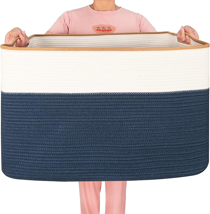 112L Extra Large Blanket Basket Holder Living Room, 25"x17"x16" Rectangle Rope Woven Storage Basket with Handles for Laundry, Towels, Shoes, Dog Toy Organizer Bin Box, Prussian Blue