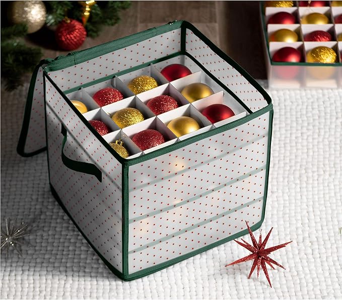 ZOBER Christmas Ornament Storage Box Plastic - Stores 64 3" Ornaments with Individual Trays - Ornament Organizer Storage Box, Durable Christmas Containers Holder - Green