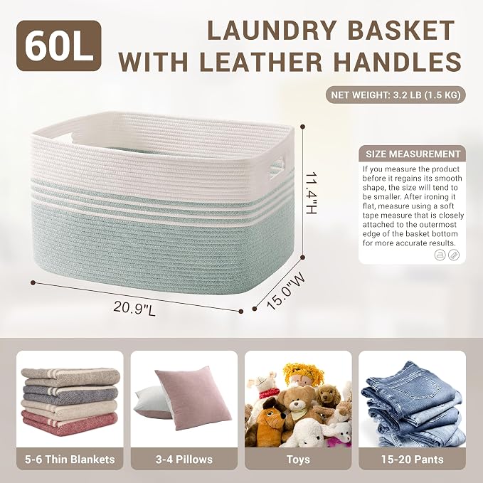 60L Woven Laundry Basket Hamper with Handles, Green | collapsible wicker hamper, storage for dirty clothes, toys, blankets, gifts, living room, bedroom, bathroom, 21"x15"x11"