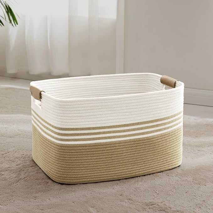 60L Woven Laundry Basket Hamper with Leather Handles,Khaki | collapsible wicker hamper, storage for dirty clothes, toys, blankets, gifts, living room, bedroom, bathroom, 21"x15"x11"
