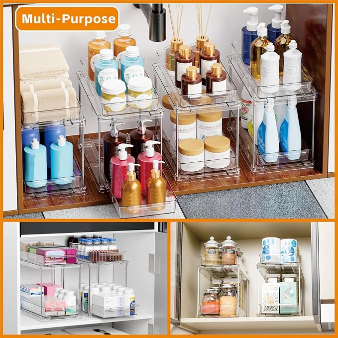 2 Pack 10.6″ High Pull Out Medicine Cabinet Organizer for Vitamin,Pill Bottle and Supplement,2 Tier Slide out Under the Sink Organizer,Bathroom Vanity Storage and Cupboard Undersink Organizers
