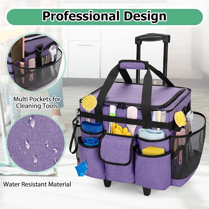 LoDrid Rolling Cleaning Caddy with Lid and Detachable Trolley, Purple | Cleaning Supplies Organizer, Cleaning Caddy Cart on Wheels with Handle and Shoulder Strap for Housekeepers