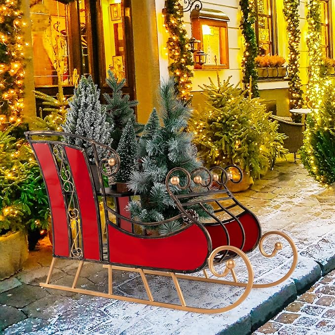 Metal Santa Sleigh, Christmas Santa Sleigh Basket w/ 2-Tier Storage Shelf Big Loading Area for Gifts, Reindeer Outdoor Decoration for Indoor Holiday Decor Lawn Yard Home Pets Trailer Party