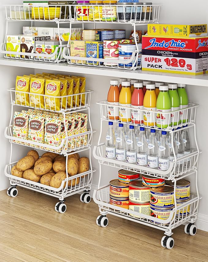 OKZEST 3-Tier Rolling Pantry Floor Organizers and Storage Cart with Wheels | Fits under pantry shelf, Stackable kitchen pantry baskets with dirt catch tray, Holds drink, snack, can, potato, onion, fruit