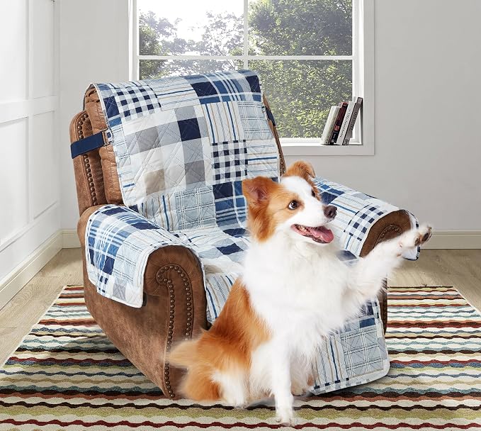 Brilliant Sunshine Blue Plaids & Stripes Couch Recliner Cover, 26" seat | Quilted Sofa Cover, Living Room & Bedroom Furniture Protector, Washable Reclining Chair Slipcover for Pets, Dogs & Cats