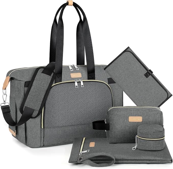 Diaper Bag Tote for Baby 7PCS, Large Mommy Bag with Portable Changing Pad | Multifunctional Hospital Bags for Labor and Delivery with Pacifier Case and Organizer Pouches,Travel Baby Bag for Boy Girl