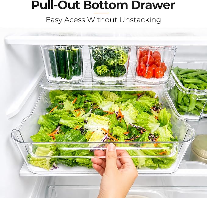 SMRCAD Clear Fridge Bins with Drain Trays - BPA-Free PET, Stackable(8 Pack) | 8 Pack: 1 Drawer + 7 lidded Bins, Helps Keep Produce Fresh, 18.3L Capacity, Hand Wash Only