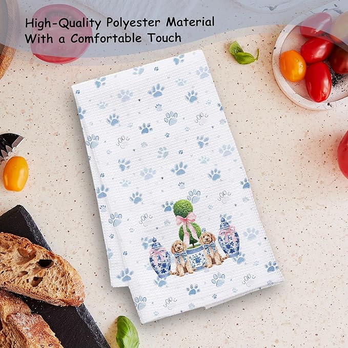 Blue Chinoiserie Christmas Goldendoodle Kitchen Towels, Goldendoodle Gifts Dish Tea Towels for Kitchen, Coquette Pink Bow Xmas Tree Golden Doodle Dog Hand Towel for Bathroom, 16x24 Inch