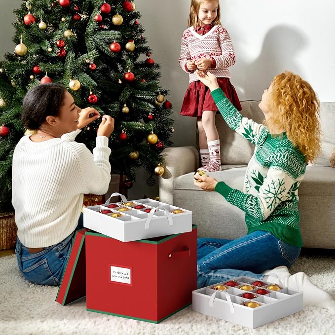 Simple Houseware 64 Christmas Ornament Storage Box with Adjustable Dividers | Heavy-Duty