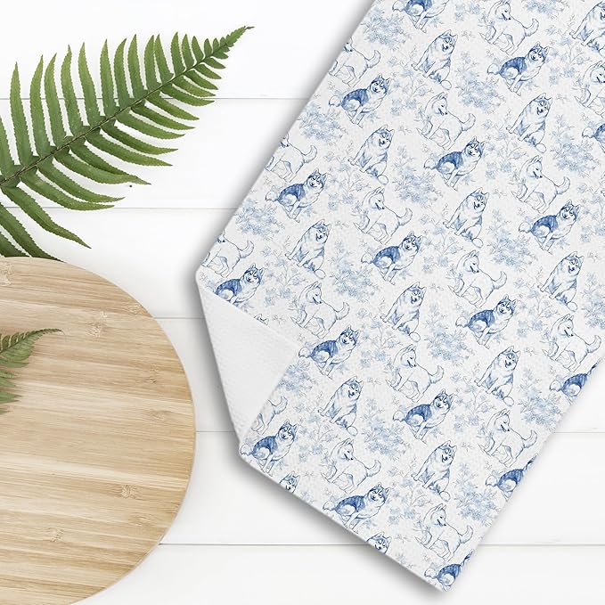Siberian Husky Dog Gifts for Light Blue Chinoiserie Floral Decor Kitchen Towels，Blue and White Husky Dog Grandmillennial Decorative Dish Tea Towels for Bathroom,16x24 Inch