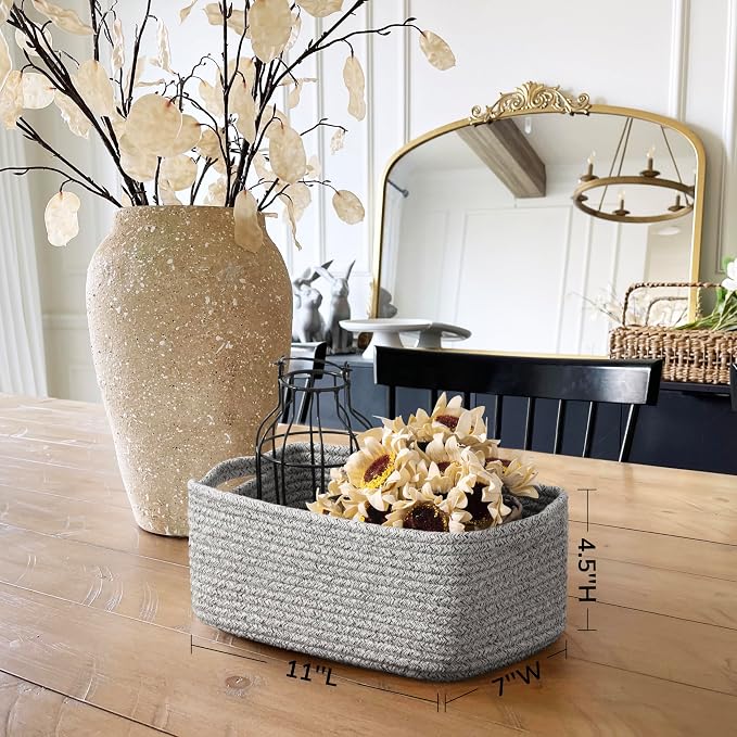 Goodpick 3-Pack Woven Baskets for Closet & Shelves, 11 x 7 x 4.5 in | Woven Baskets for Towels Fit Bedroom Lving Room, Small Baskets for Gift Empty, Dog Toy Basket for Pet, White & Gray