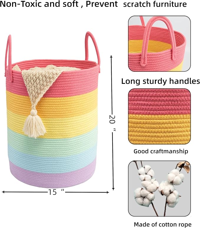 Woven Cotton Rope Laundry Basket, 15" x 20" Laundry Hamper, Rainbow | Rope storage basket for dirty clothes, toys and blankets. Perfect for bathroom, baby nursery and living room storage.
