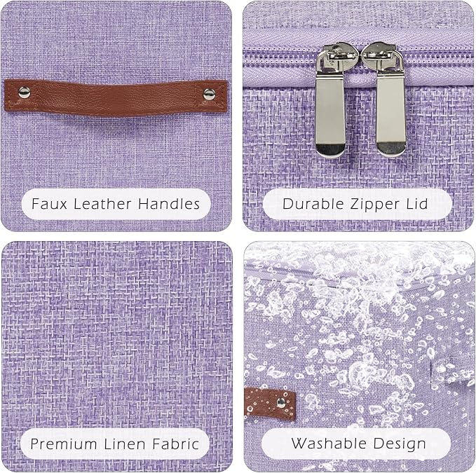 2PCS Storage Bins with Zipper Lids Decorative Lidded Basket Box | Clothes Container, Closet Shelf Organizer, Foldable Washable, Cotton Linen Fabric, w/ PU Leather Handles, Purple, Small