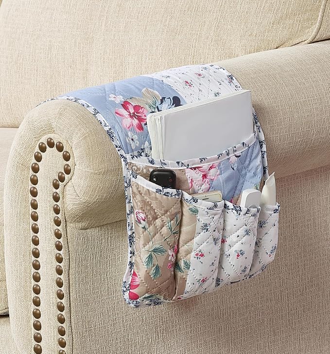 Brilliant Sunshine Blue Beige Rose Toile Couch Armrest Cover, 35"×13" | Washable Magazine Holder, Armrest Organizer & Caddy on Sofa, Recliner, Armchair, Storage for Remote Controls, Phone, iPad