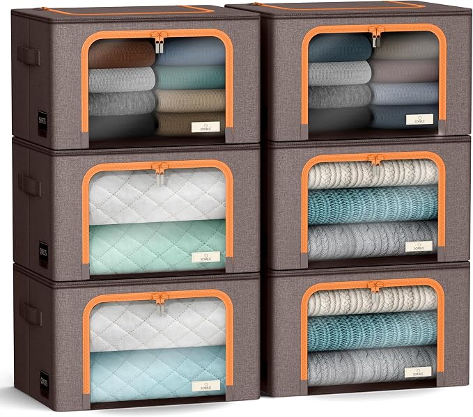 Sorbus Clothing Storage Bins with Clear Window, Metal Frame (6 Pack, Brown) | Oxford-fabric containers with carry handles stack neatly to organize bedding and linens in closets and laundry rooms.
