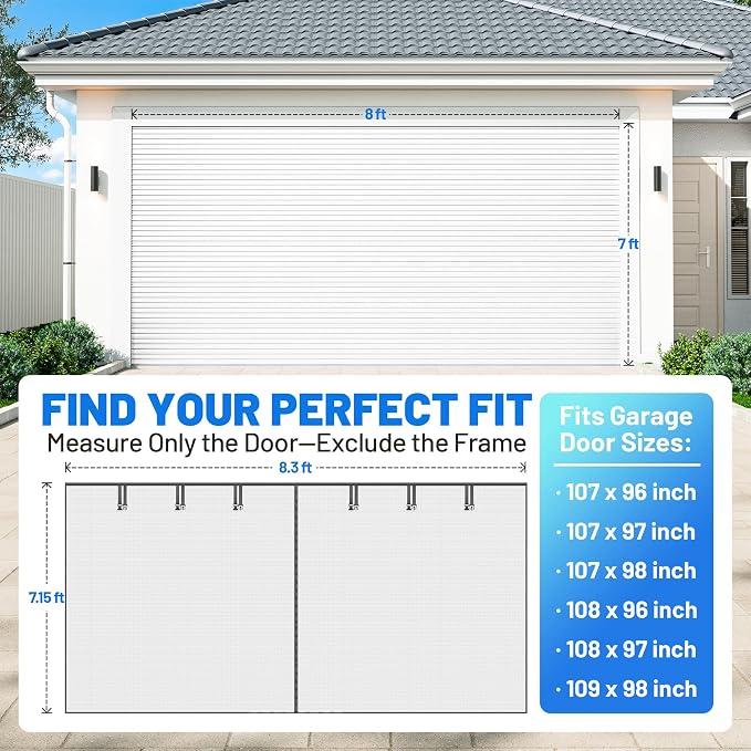 Garage Door Screen for 2 Car - Heavy Duty Magnetic Garage Screen Door Mesh | Fiberglass Garage Net Sceen with 6 Roll Up Straps, Patio Screen Keeps Bugs & Mosquitos Out Fits Garages Doors Size 8x7 Ft