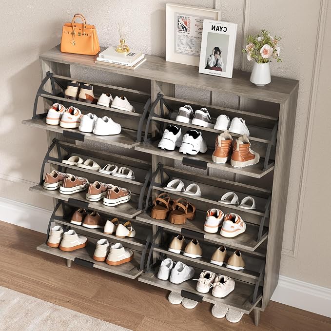 BORNOON Shoe Cabinet for Entryway with 6 Flip Drawers, Slim Wooden Shoe Storage Organizer with Modern Fluted Pannel，Freestanding Narrow Hidden Shoe Rack for Hallway, Foyer, Living Room