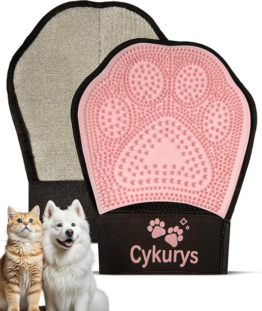 Pet Hair Removal Glove for Dogs & Cats, 2-in-1 Double-Sided Pet Grooming Tool, Electrostatic Pet Hair Remover Glove for Clothes & Furniture + Silicone Brush for Deshedding Pets,Pink