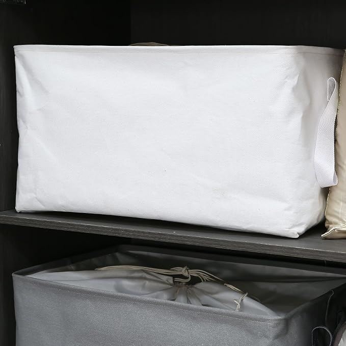 Hinwo 102L XXL Canvas Storage Bin with Lid and Handles, 2-Pack | Collapsible Fabric Baskets, Closet Shelf Organizers, Containers for Clothing, Blankets, Toys, Bedding (White)