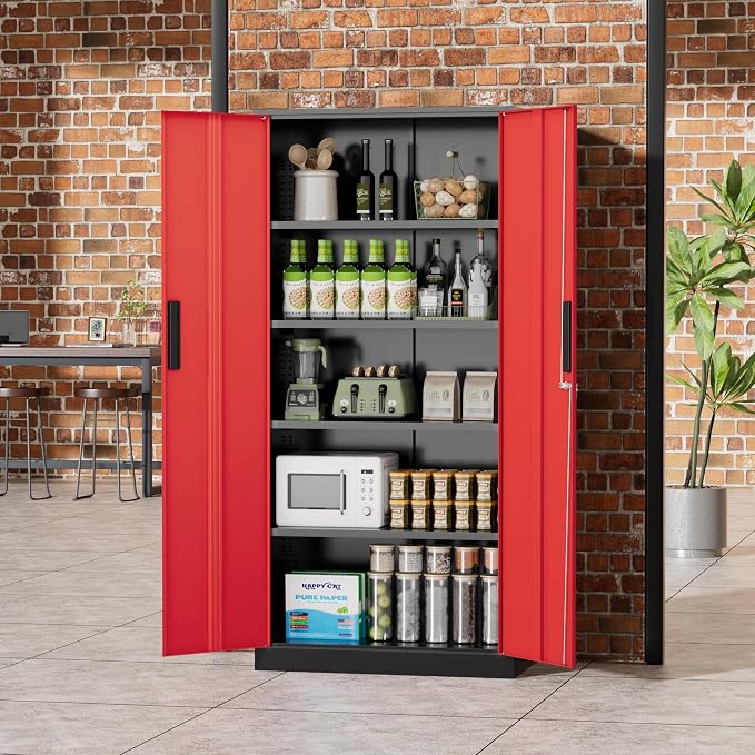 Greenvelly Metal Storage Cabinet,72" Locking Metal Garage Storage Cabinet with Doors and 4 Adjustable Shelves, Lockable Steel Cabinet for Home Office, Garage, Shop, School (Red 32" W x 16" D)