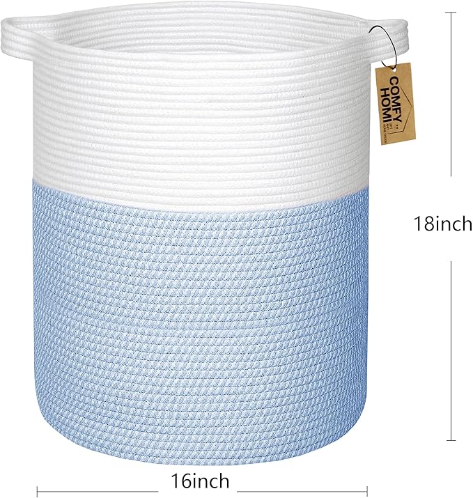 COMFY-HOMI XXL Large Laundry Basket with Handles Blanket Baskets Living Room|Woven Cotton Rope Decorative Basket Laundry Hamper Baby Basket Nursery Dog Toy Storage Organizer Bin-16”x18”-White/Blue
