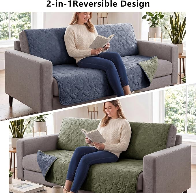 Waterproof Couch Cover for Dogs - Washable Pets Furniture Protector | TPU Leak-Proof Liner, Lightweight & Reversible, Fits Chair, Sofa, Bed, 82" x 102" , Blue/Green