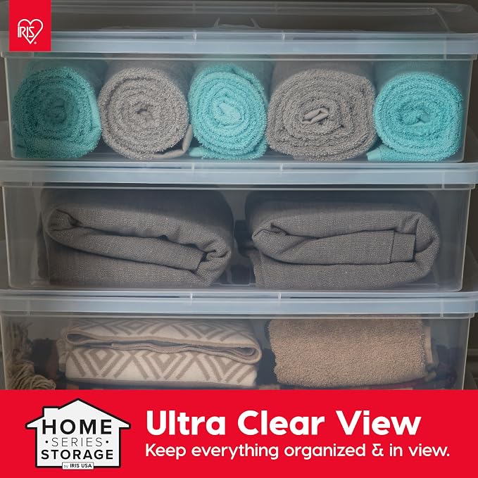 IRIS USA 10-Pack 28 Qt Storage Bins with Lids, Clear, Stackable | Great for clothing, linens, closets and home organization, nestable design, transparent design makes contents easy to find