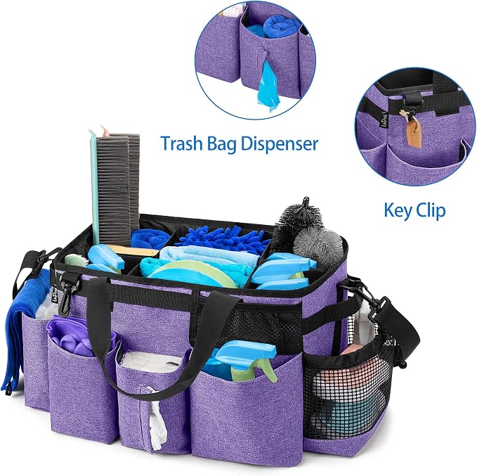 LoDrid Wearable Cleaning Caddy Bag with 4 Foldable Dividers, Purple | Cleaning Supply Organizer with Shoulder Strap and Side Handles for Cleaners & Housekeepers
