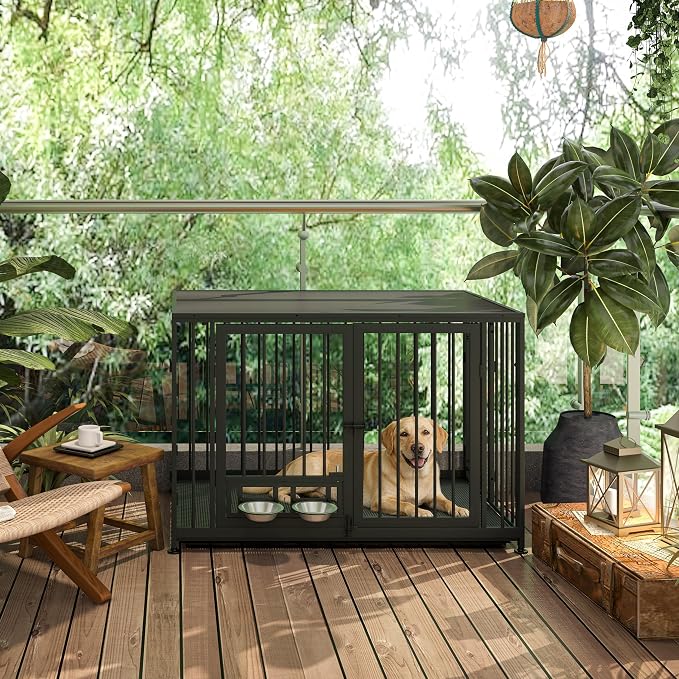 43.3" Heavy Duty Large Dog Crate with Wheels & Feeding Bowls, 3 in 1 Foldable Extra Large Dog Kennel & Playpen, Indestructible Escape-Proof Metal Dog Cage for Large Dogs, Indoor Outdoor, Black