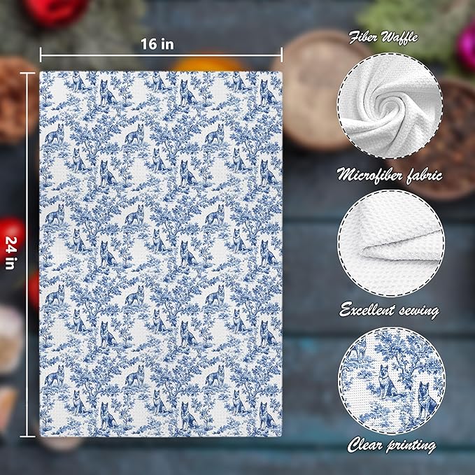 Chinoiserie German Shepherd Kitchen Towels, German Shepherd Gifts Hand Towels for Kitchen Bathroom,Blue and White Floral Botanical Grandmillennial Dog Decor Dish Tea Towels, 16x24 Inch