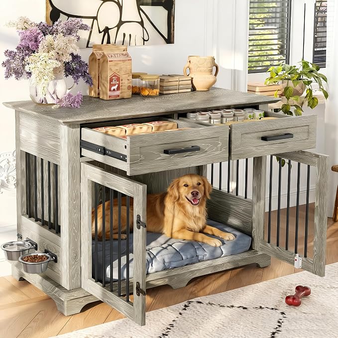 44.48" Large Dog Crate Furniture, Indoor Kennel Furniture with 2 Storage Drawers and Rotating Bowls, End Table, Wooden Dog Crate for Medium Dogs, Gray
