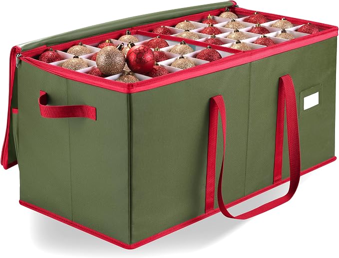 Christmas Ornament Storage - Stores up to 128 Holiday Ornaments, Adjustable Dividers, Zippered Top, Two Handles. Attractive Storage Box Keeps Holiday Decorations Clean and Dry for Next Season (Green)